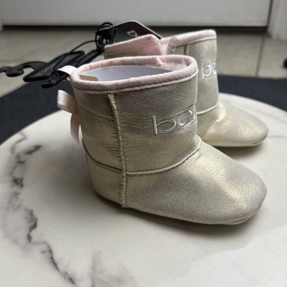 Bebe Baby Gold Glitter w/Pink Bows Sherpa Lined Baby Booties Shoes SZ 3 (6-9M) - Picture 7 of 8